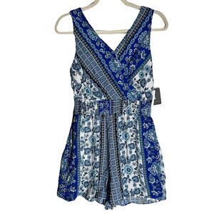 I. N. San Francisco Womens Floral Jumpsuit Blues  White Smocked Waist Size M